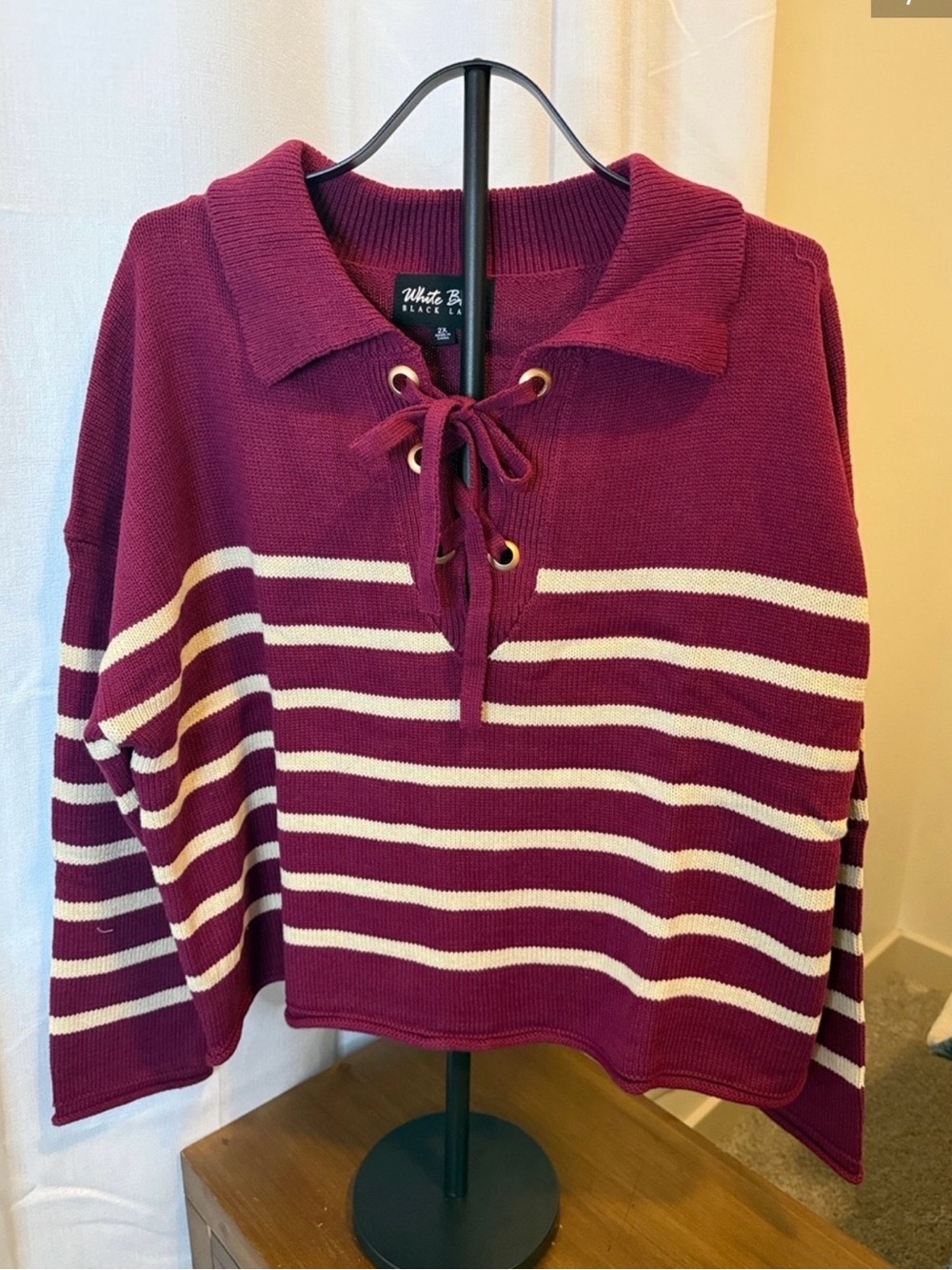 WHIT Burgundy and Cream Striped Lace-Up V-Neck Sweater
